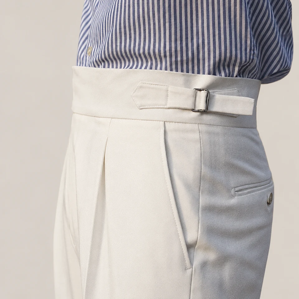 Harrison Double-Button Trousers — White — waist detail