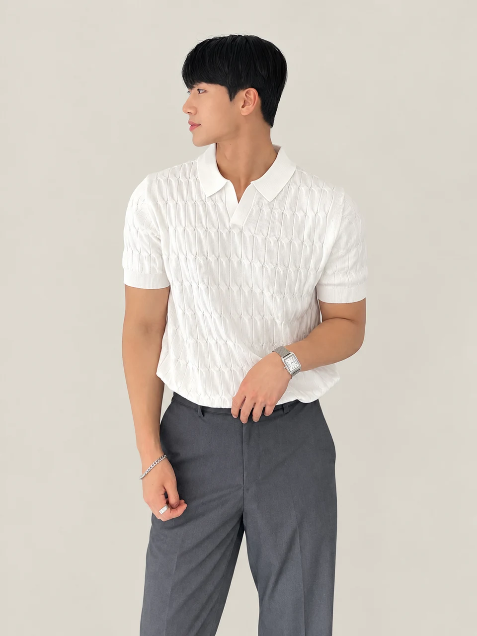 Leon Textured Polo — White — product photograph