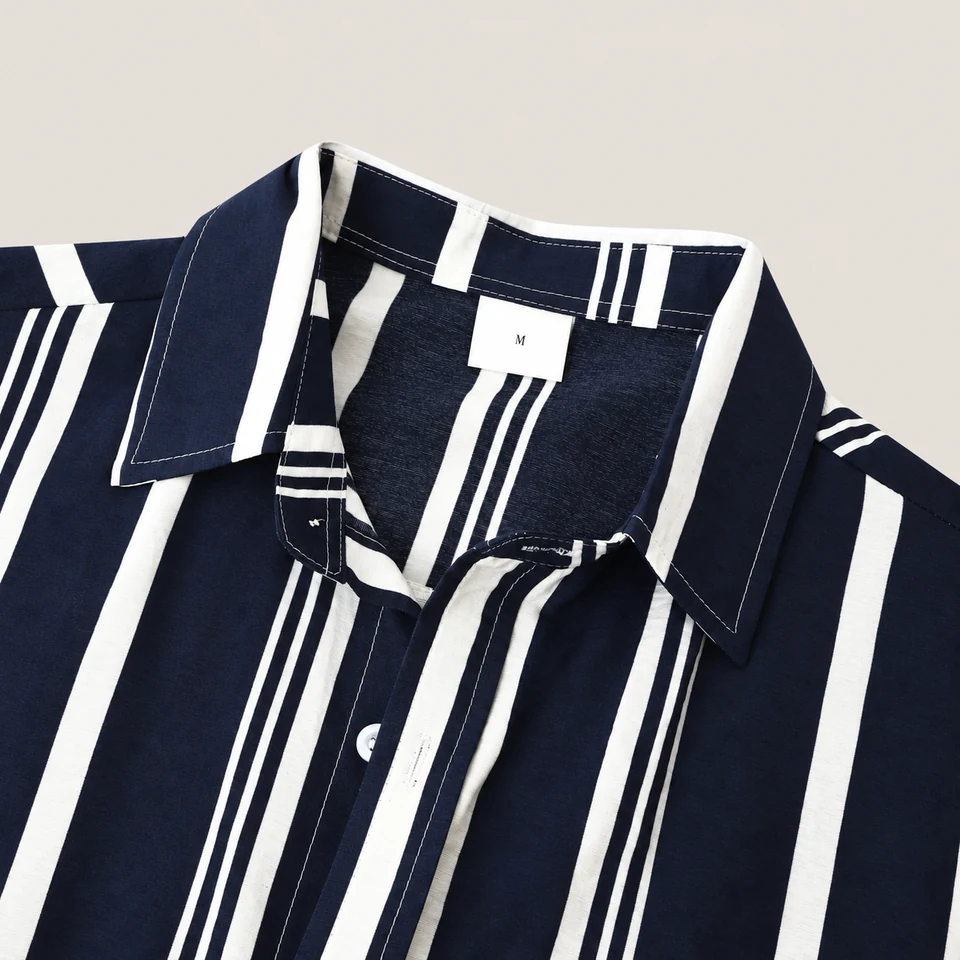 Leon Striped Shirt — NAVY BLUE — collar detail