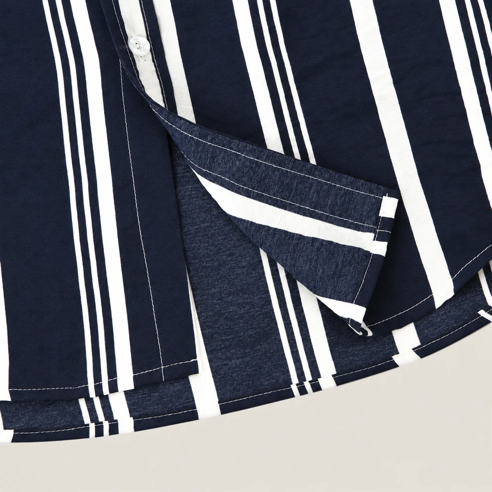 Leon Striped Shirt — NAVY BLUE — hem detail