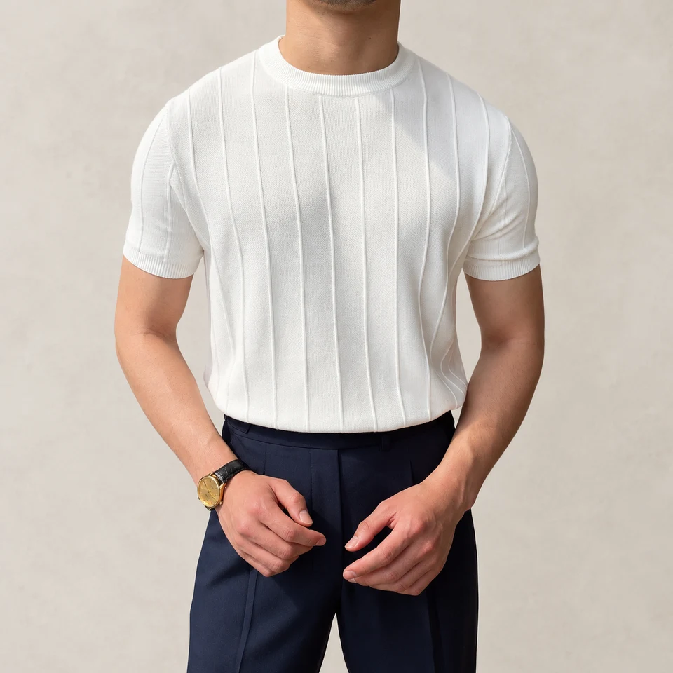 Wesley Panel-Knit T-Shirt — White — worn alternate