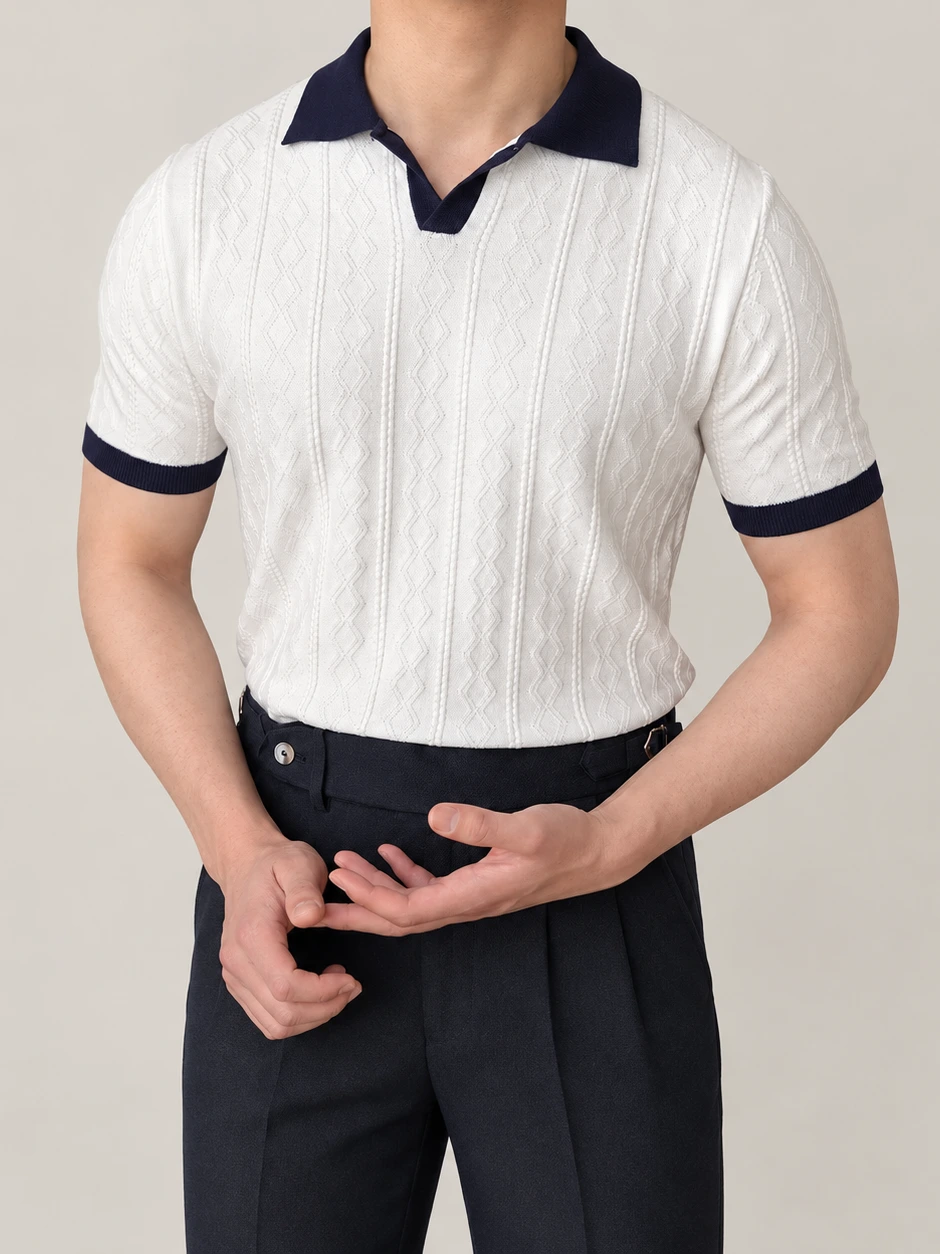 James Jacquard Polo — White — Product photograph